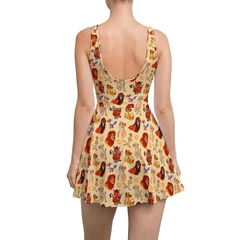 Sketched Savanna Friends - Women’s Sleeveless Athletic Skater Dress with Built-In Shorts