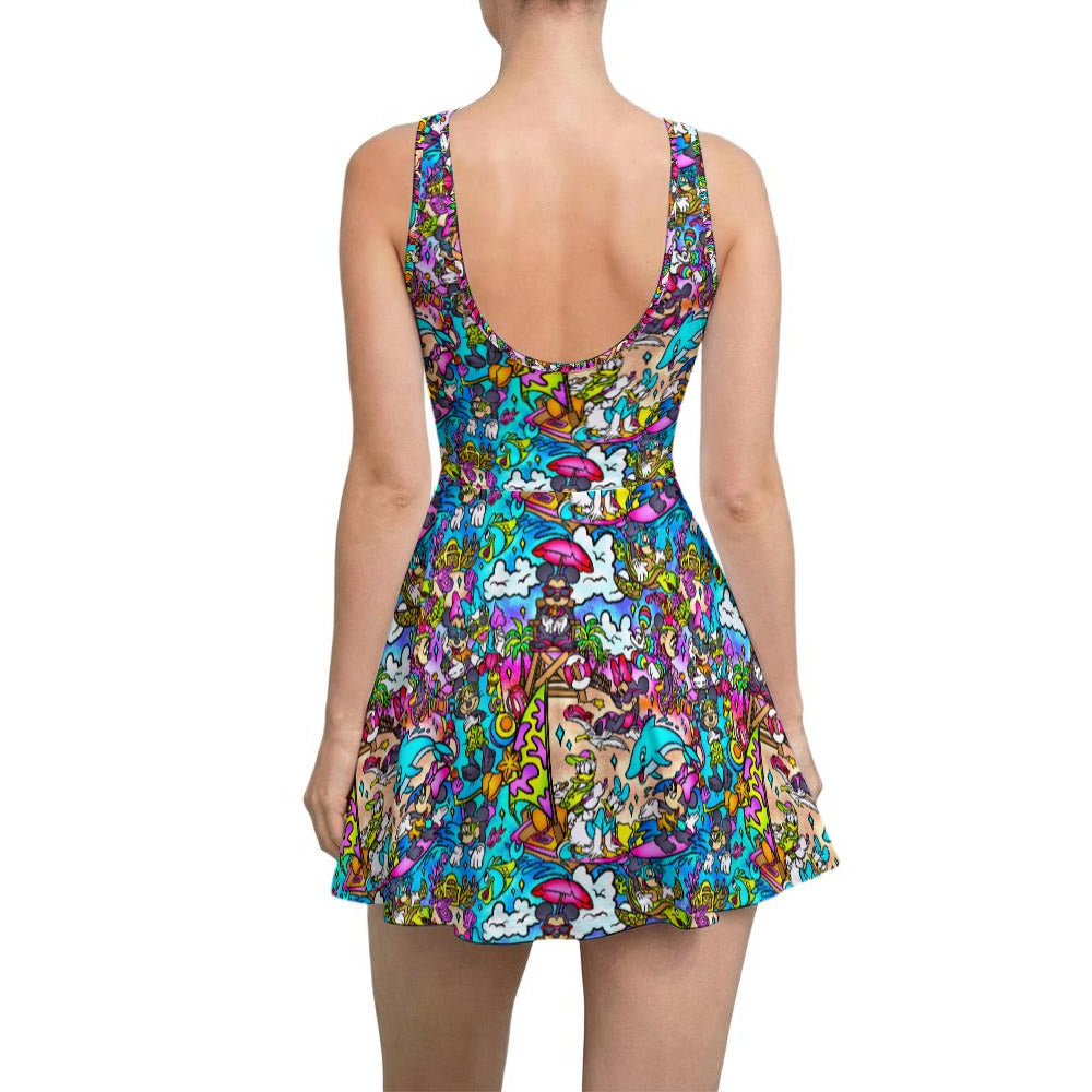 Island Beach Bash - Women’s Sleeveless Athletic Skater Dress with Built-In Shorts
