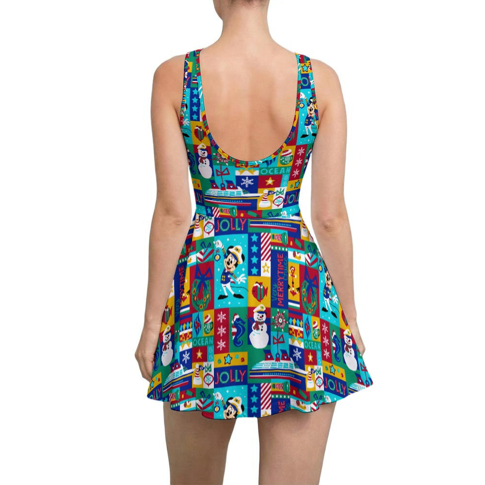 Sailor's Merry-at-Sea Patchwork - Women’s Sleeveless Athletic Skater Dress with Built-In Shorts