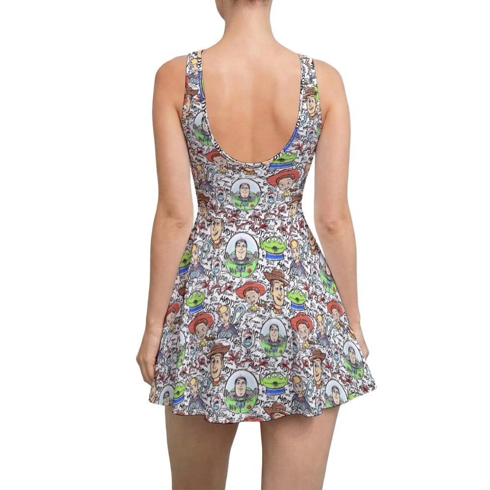 Sketch Autographs of Animated Toy Friends - Women’s Sleeveless Athletic Skater Dress with Built-In Shorts