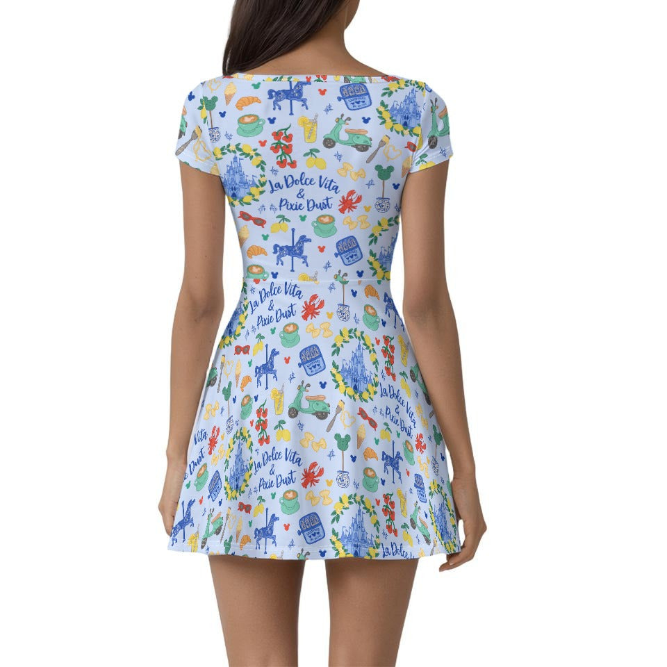 Sweet Life Pixie Dust - Women’s Short Sleeve Athletic Skater Dress with Built-In Shorts