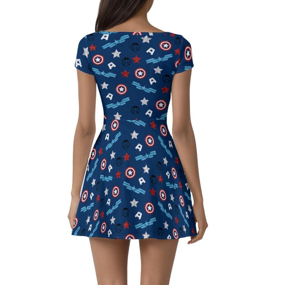 American Superhero - Women’s Short Sleeve Athletic Skater Dress with Built-In Shorts