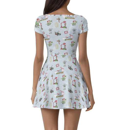 Toybox Tinsel Tangle - Women’s Short Sleeve Athletic Skater Dress with Built-In Shorts