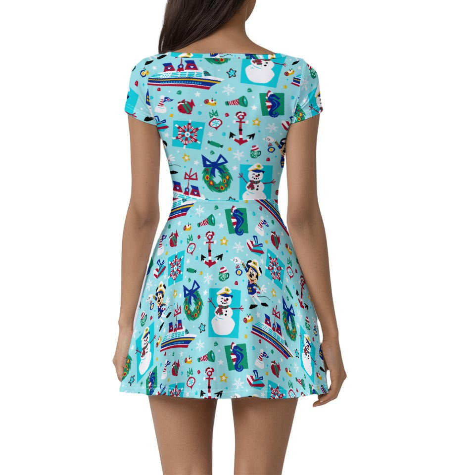 Mouse's Merry Cruise - Women’s Short Sleeve Athletic Skater Dress with Built-In Shorts