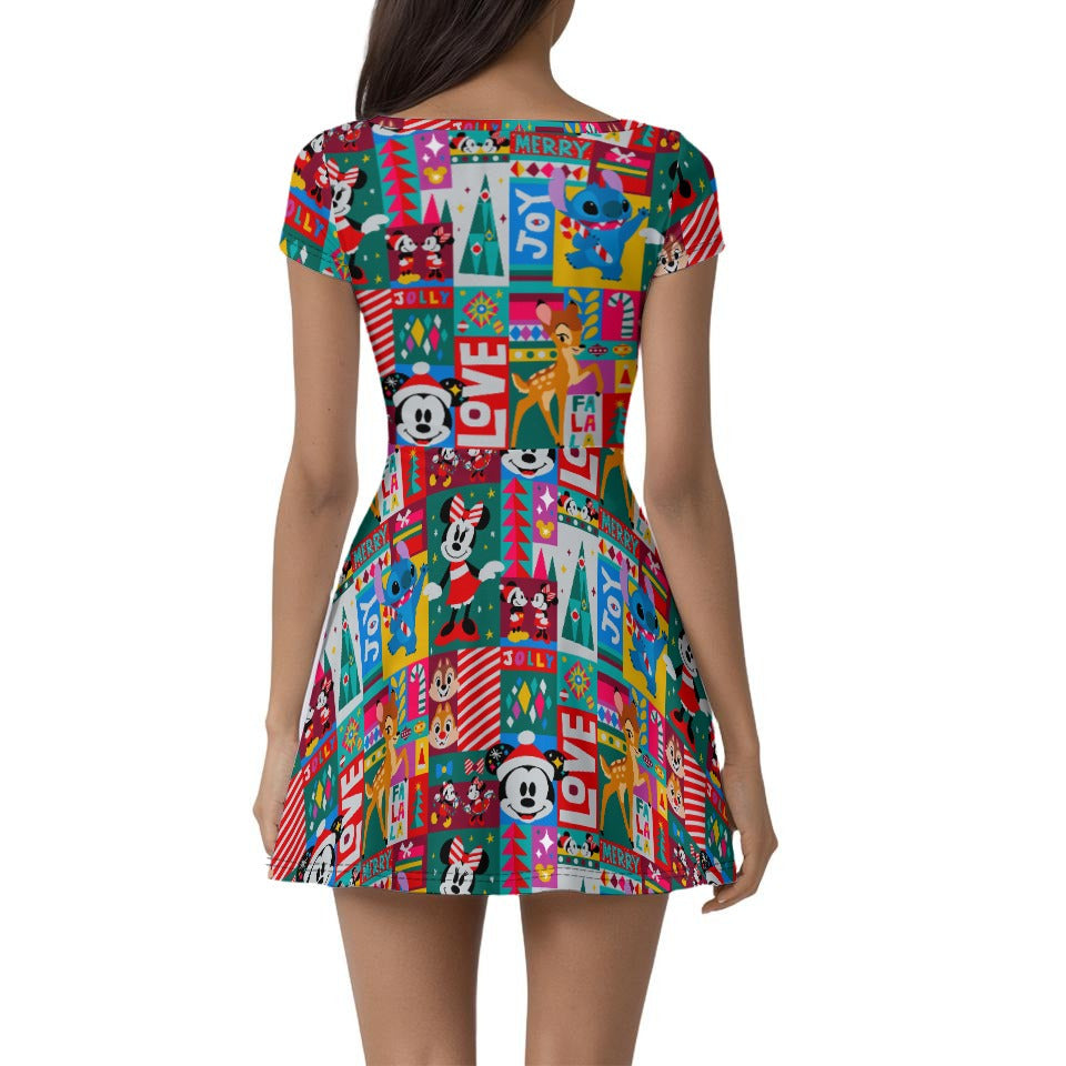 Mouse Christmas Colorblock - Women’s Short Sleeve Athletic Skater Dress with Built-In Shorts