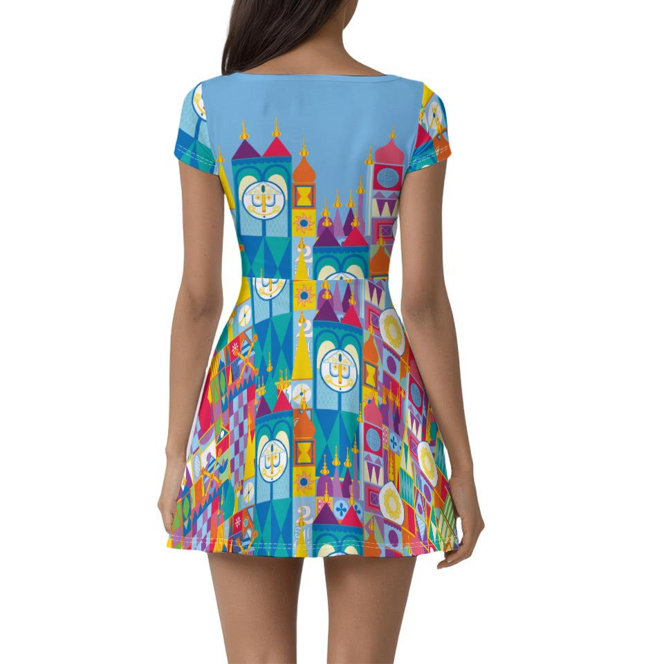 Whimsical World Facade - Women’s Short Sleeve Athletic Skater Dress with Built-In Shorts