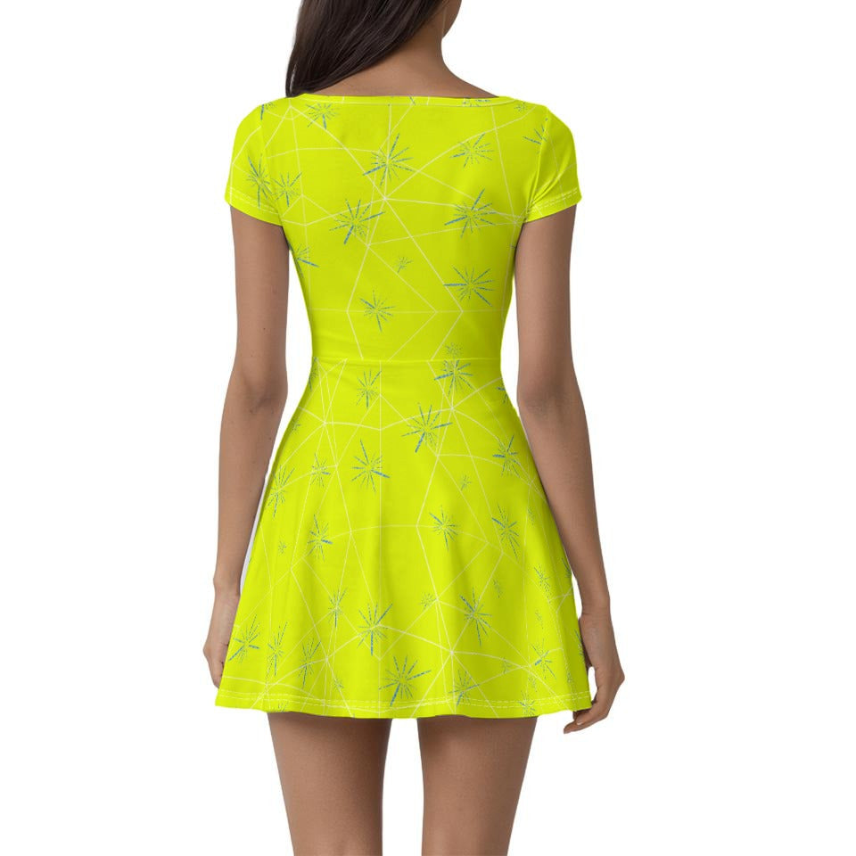 Joyful Blue & Yellow Florals - Women’s Short Sleeve Athletic Skater Dress with Built-In Shorts