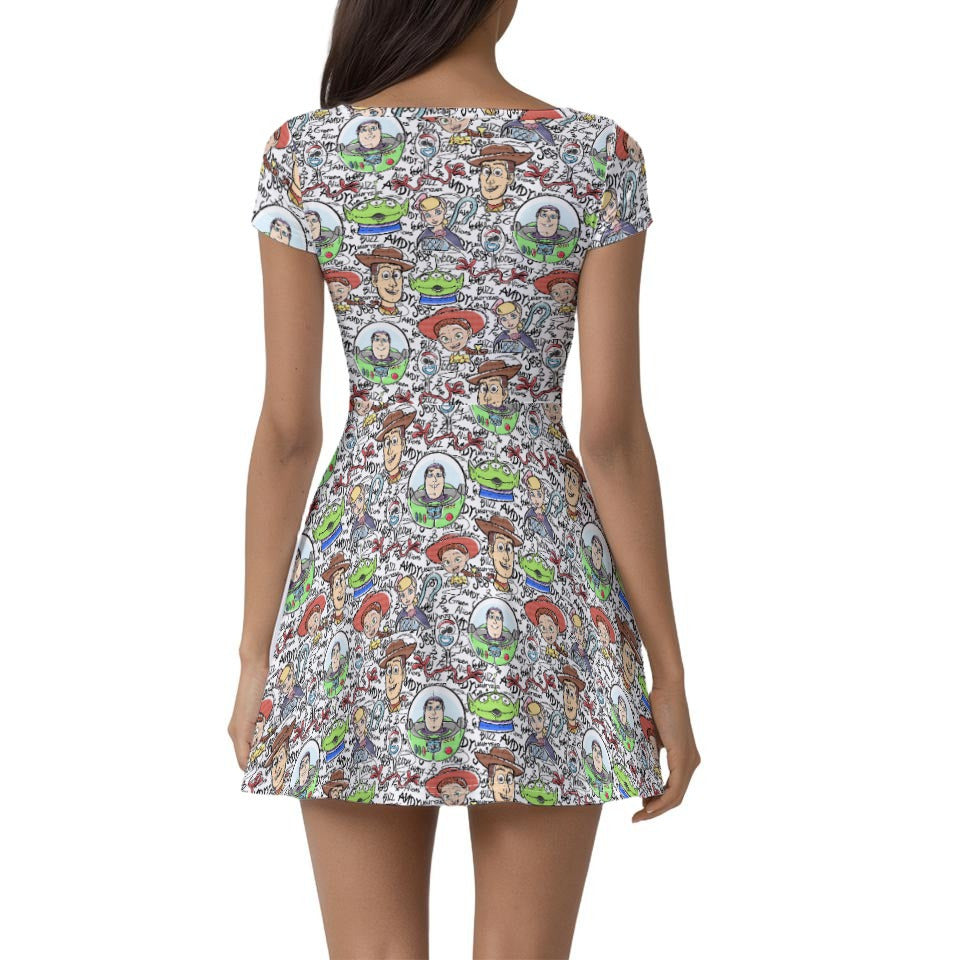 Sketch Autographs of Animated Toy Friends - Women’s Short Sleeve Athletic Skater Dress with Built-In Shorts