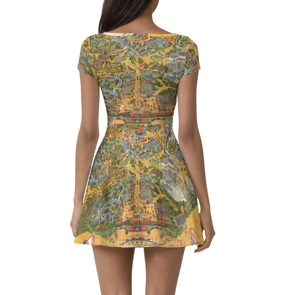 Vintage Theme Park Map - Women’s Short Sleeve Athletic Skater Dress with Built-In Shorts