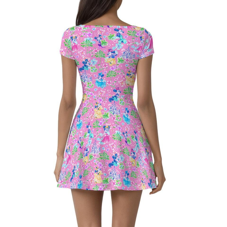 Princess Palm Party - Women’s Short Sleeve Athletic Skater Dress with Built-In Shorts