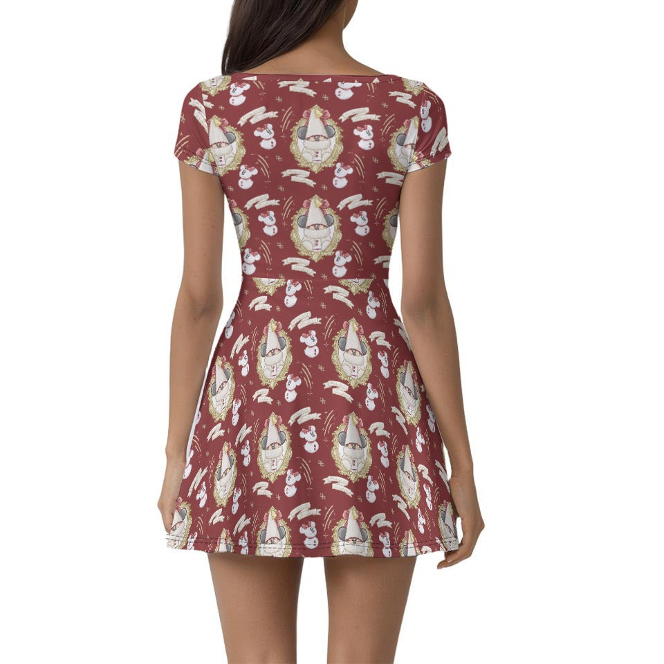 Mouse and Bow Snow Gnomes - Women’s Short Sleeve Athletic Skater Dress with Built-In Shorts