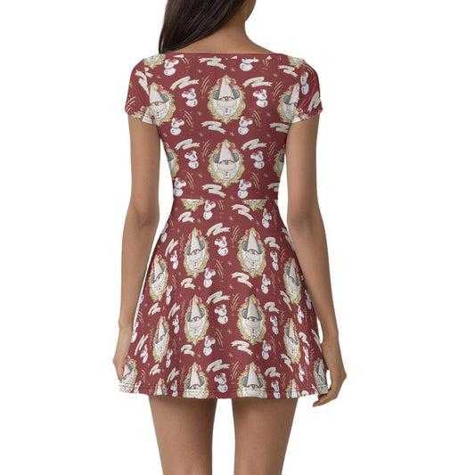 Mouse and Bow Snow Gnomes - Women’s Short Sleeve Athletic Skater Dress with Built-In Shorts