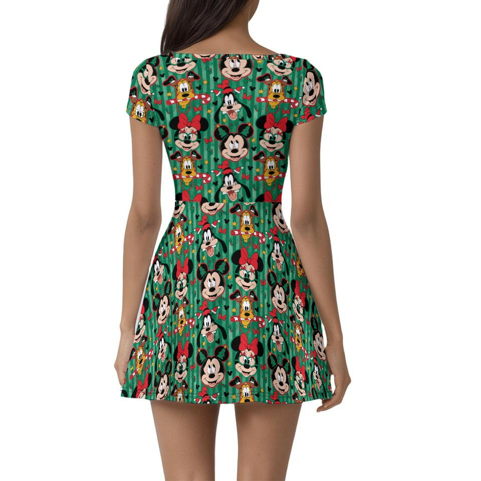 Mouse's Holly Jolly Parade - Women’s Short Sleeve Athletic Skater Dress with Built-In Shorts