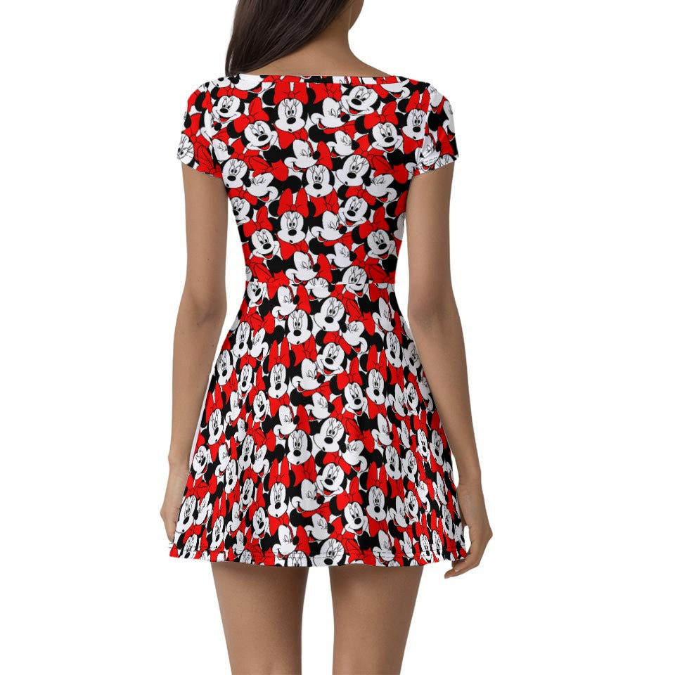 Many Faces of Polka Dot Mouse - Women’s Short Sleeve Athletic Skater Dress with Built-In Shorts