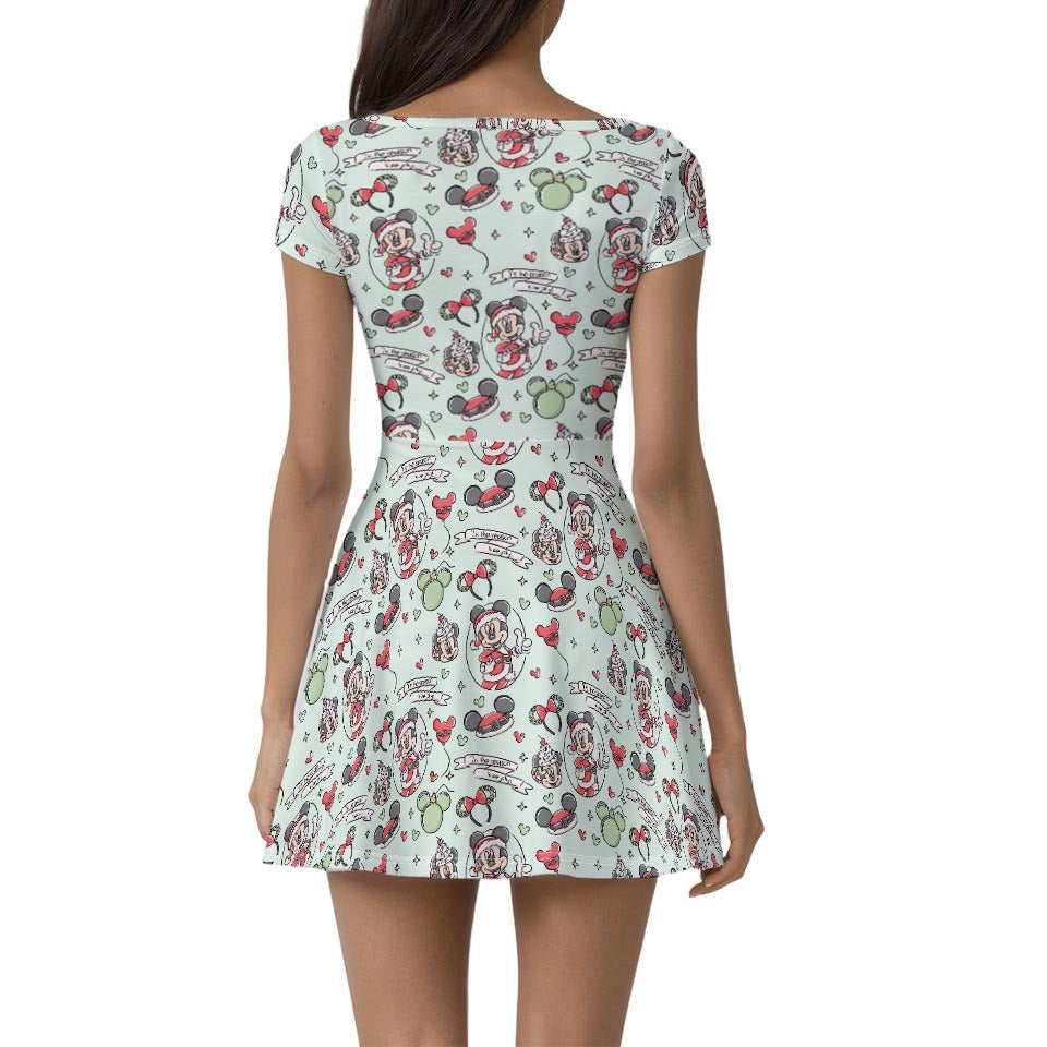 Mouse Pair Jolly Holiday - Women’s Short Sleeve Athletic Skater Dress with Built-In Shorts