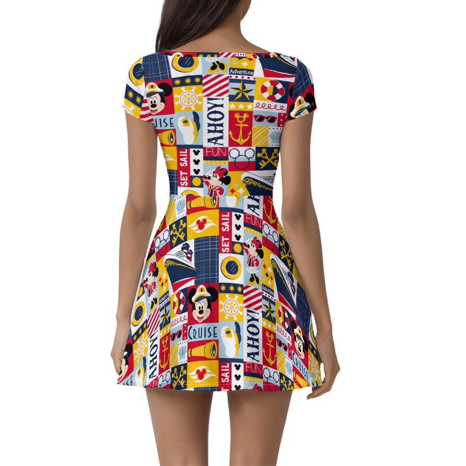 Nautical Cruise Patchwork - Women’s Short Sleeve Athletic Skater Dress with Built-In Shorts