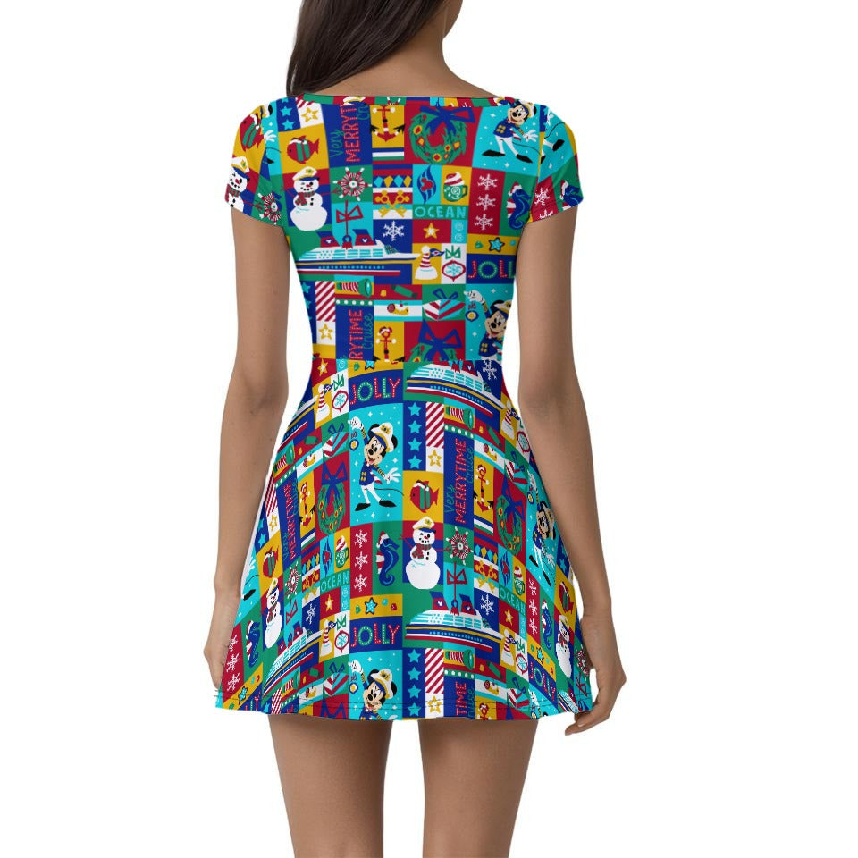 Sailor's Merry-at-Sea Patchwork - Women’s Short Sleeve Athletic Skater Dress with Built-In Shorts
