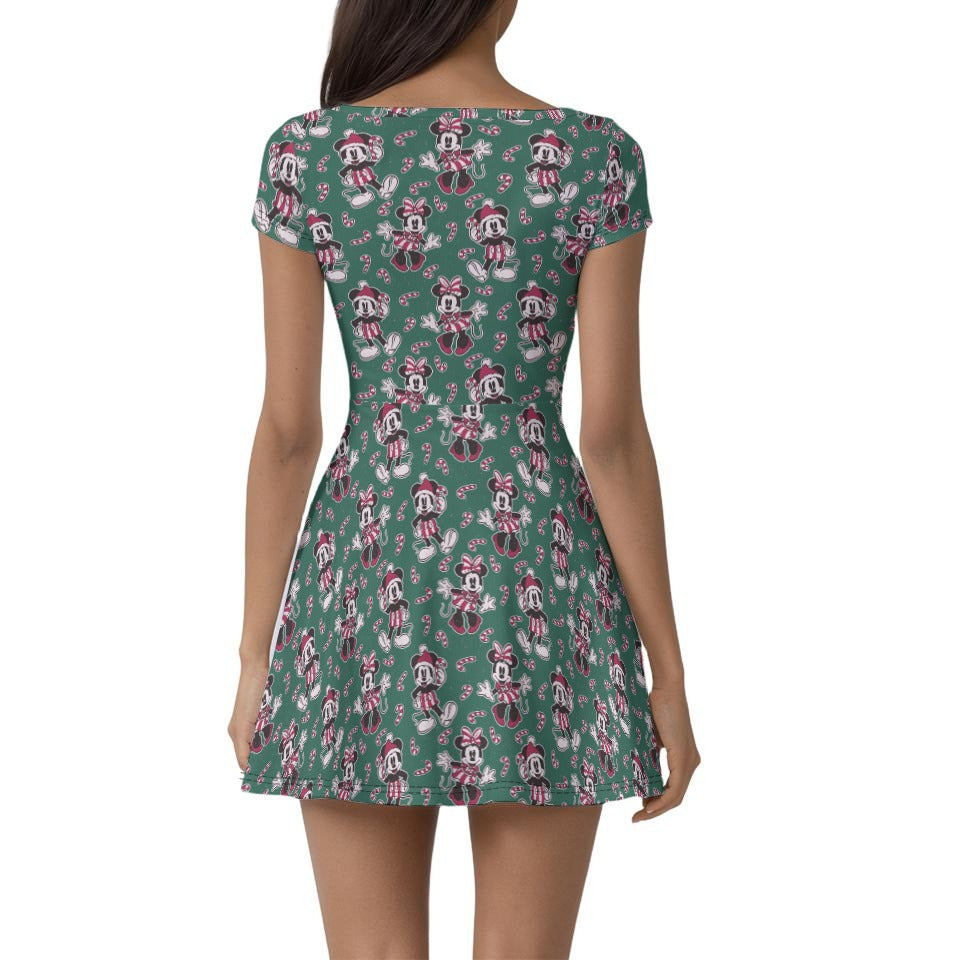 Mouse and Bow Peppermint Pals - Women’s Short Sleeve Athletic Skater Dress with Built-In Shorts