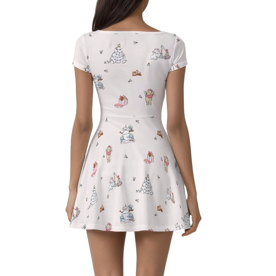 Storybook Christmas Cameo Mix - Women’s Short Sleeve Athletic Skater Dress with Built-In Shorts