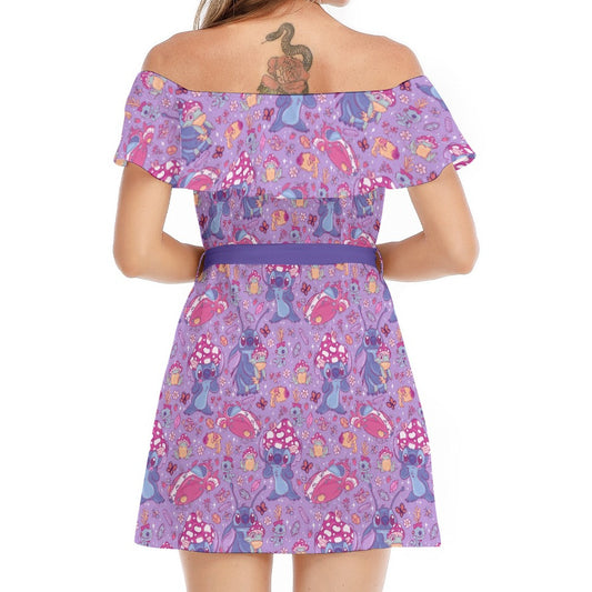 Blue Alien Mushroom Mischief - Women's Off-shoulder Ruffle Dress