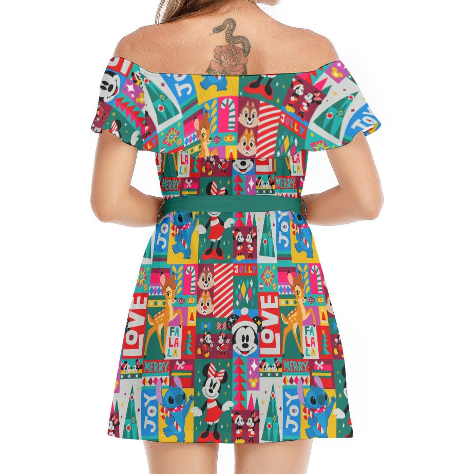 Mouse Christmas Colorblock - Women's Off-shoulder Ruffle Dress