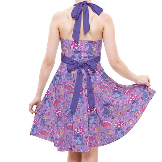 Blue Alien Mushroom Mischief - Women's Halter Vintage Pocket Dress