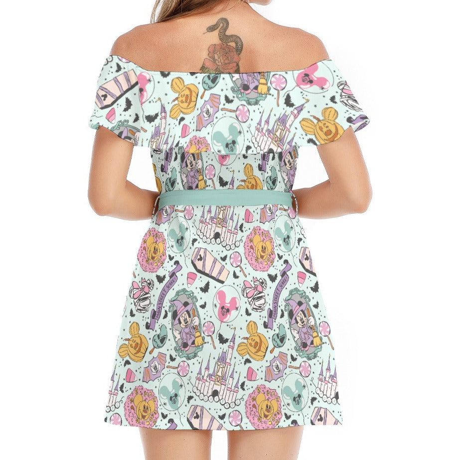 Pastel Spooky Party - Women's Off-shoulder Ruffle Dress