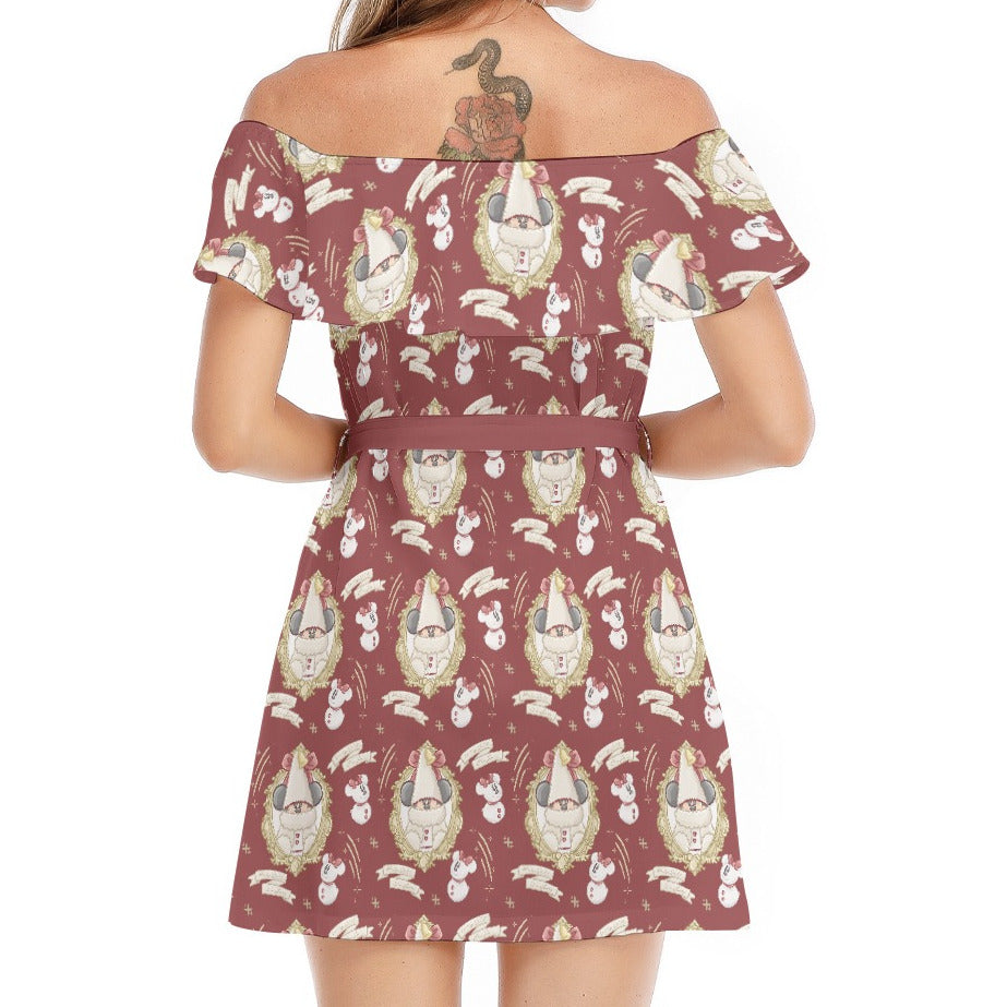 Mouse and Bow Snow Gnomes - Women's Off-shoulder Ruffle Dress
