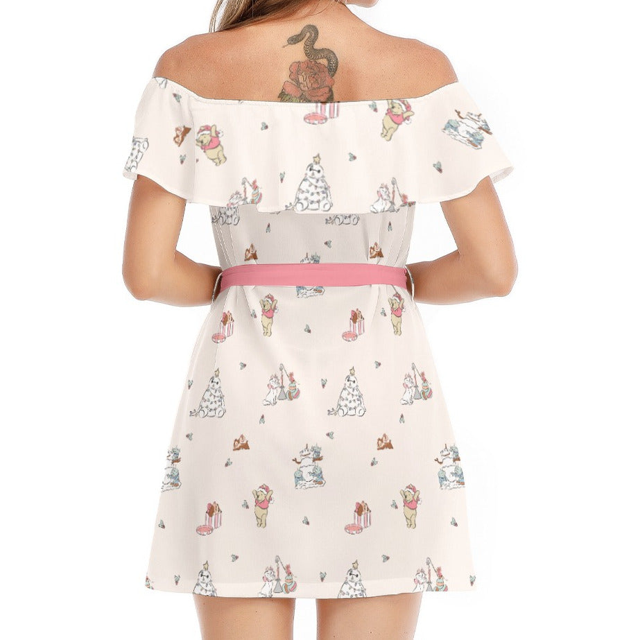 Storybook Christmas Cameo Mix - Women's Off-shoulder Ruffle Dress