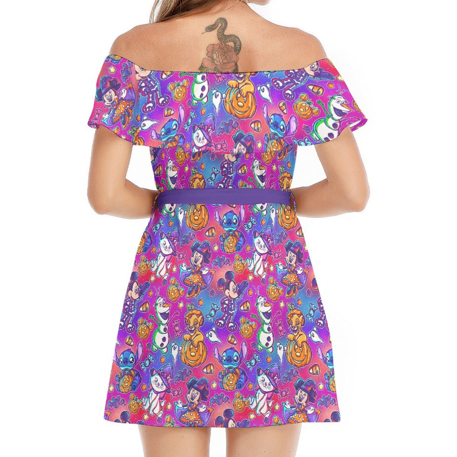 Classic Character Halloween Mashup - Women's Off-shoulder Ruffle Dress