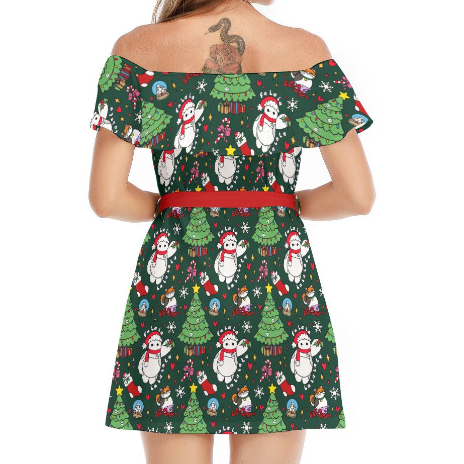 Robot Christmas Cheer - Women's Off-shoulder Ruffle Dress