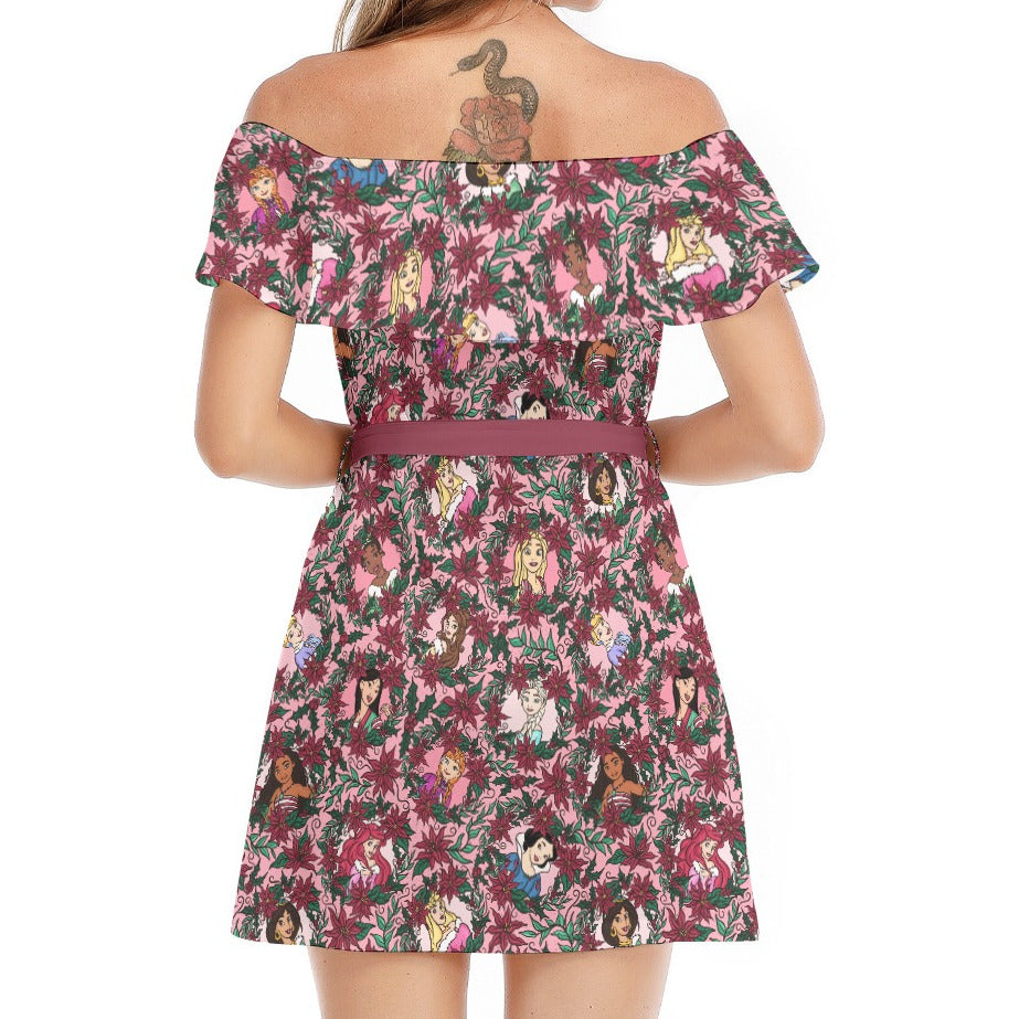 Poinsettia Princess Posse - Women's Off-shoulder Ruffle Dress