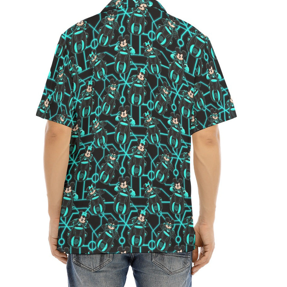 Electric Neon Grid Adventure - Men's Hawaiian Button Up Shirt