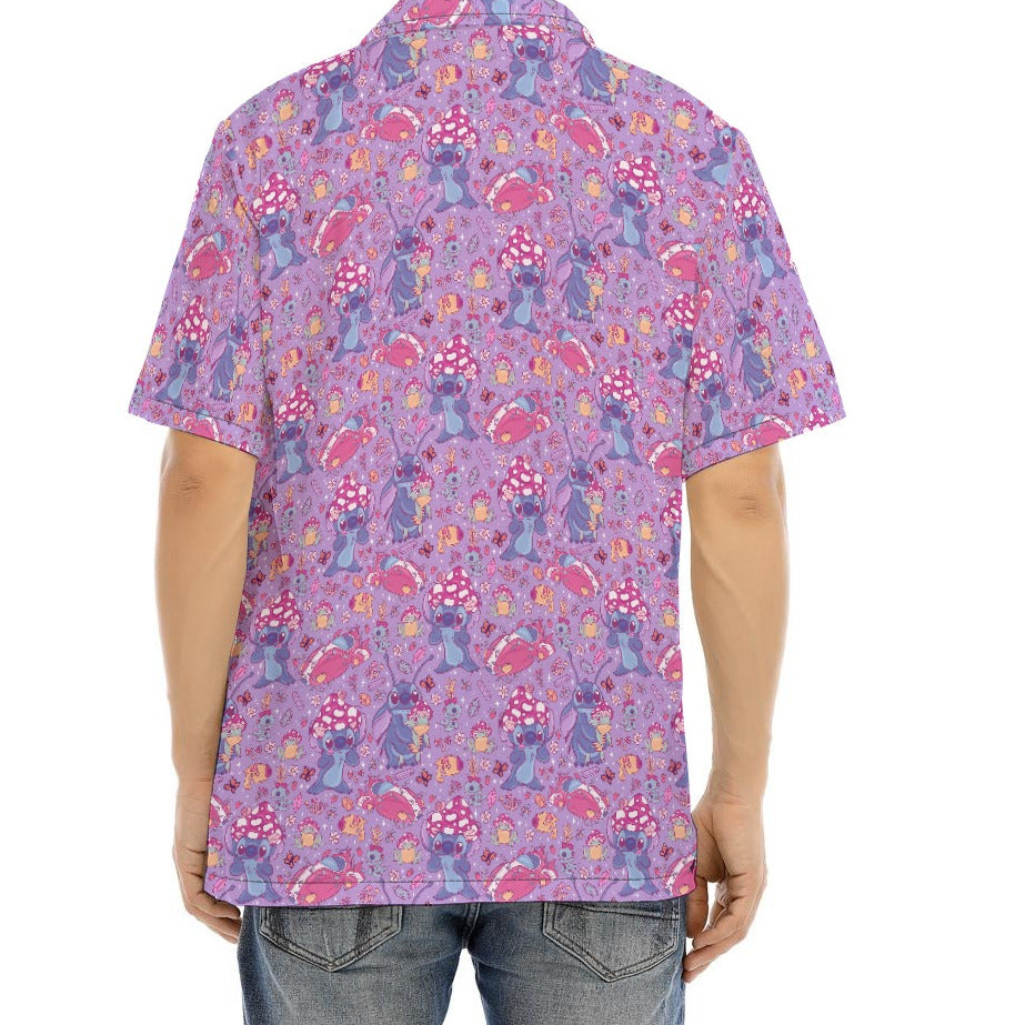 Blue Alien Mushroom Mischief - Men's Hawaiian Button Up Shirt