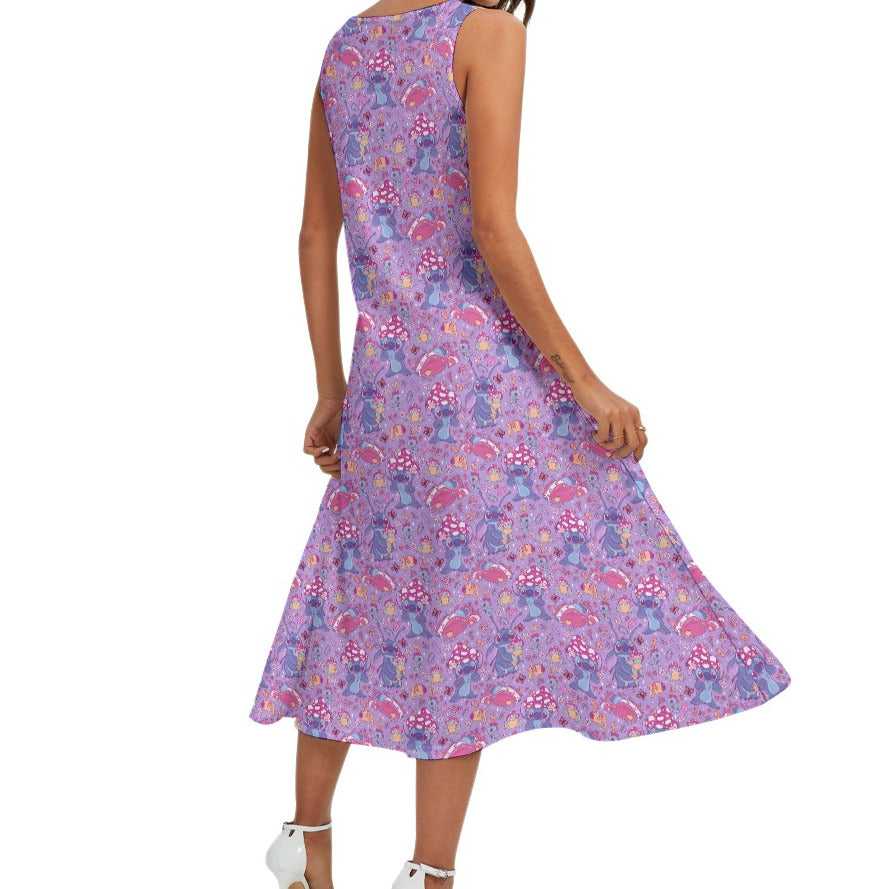Blue Alien Mushroom Mischief - Women’s Diagonal Pocket Midi Dress