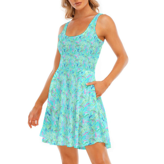 Neon Floral Baby Turtle - Women's Sleeveless Pocket Skater Dress
