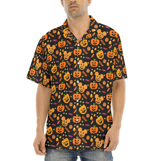 Cheerful Pumpkin Mouse Halloween - Men's Hawaiian Button Up Shirt