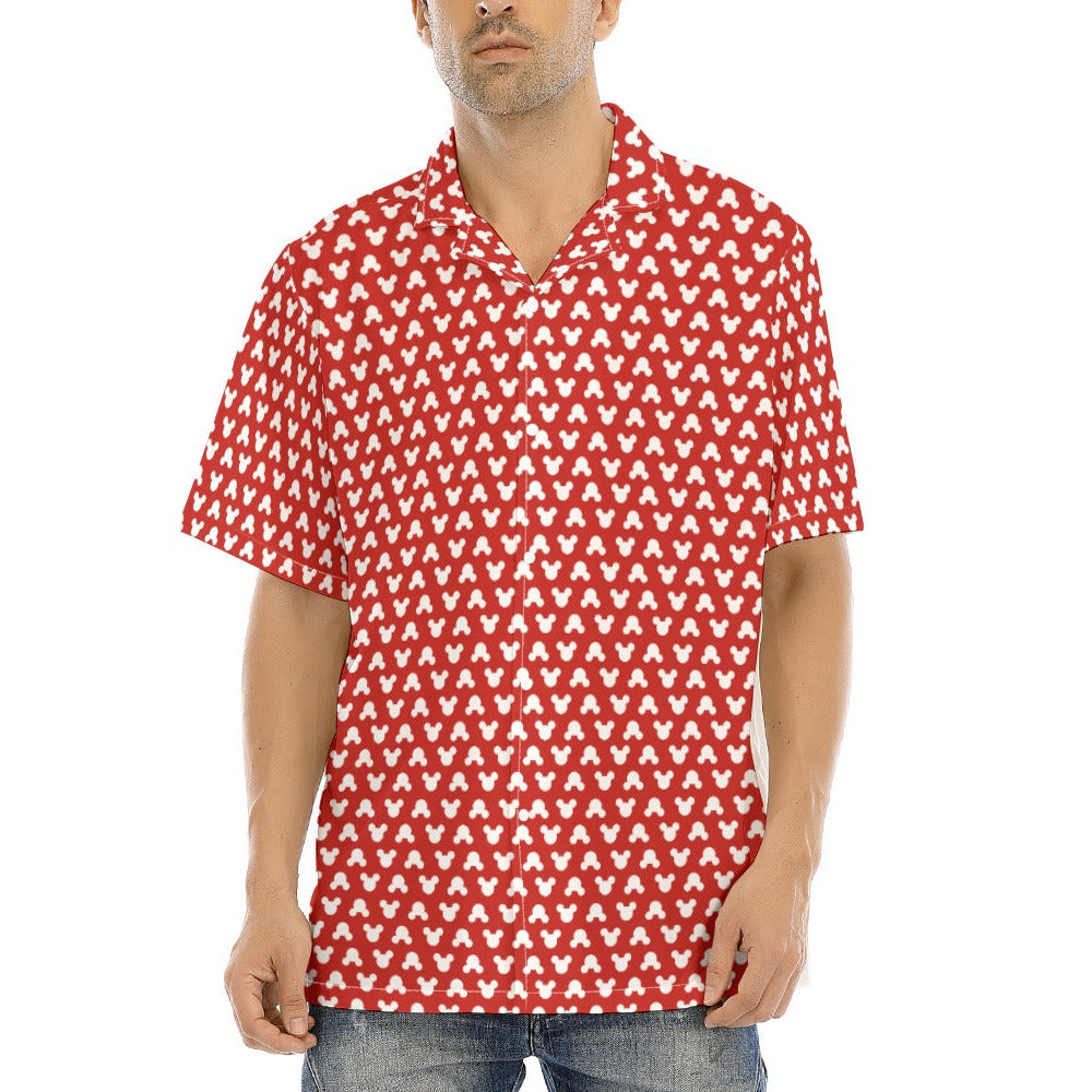 Playful Polka Dot Ears Red - Men's Hawaiian Button Up Shirt