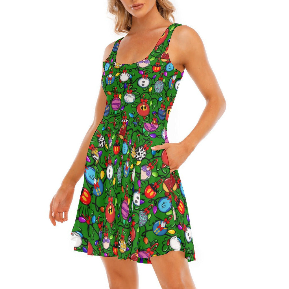 Festive Character Baubles on Green - Women's Sleeveless Pocket Skater Dress