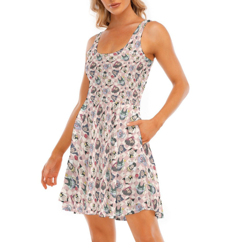 Pink Checkerboard Villains - Women's Sleeveless Pocket Skater Dress