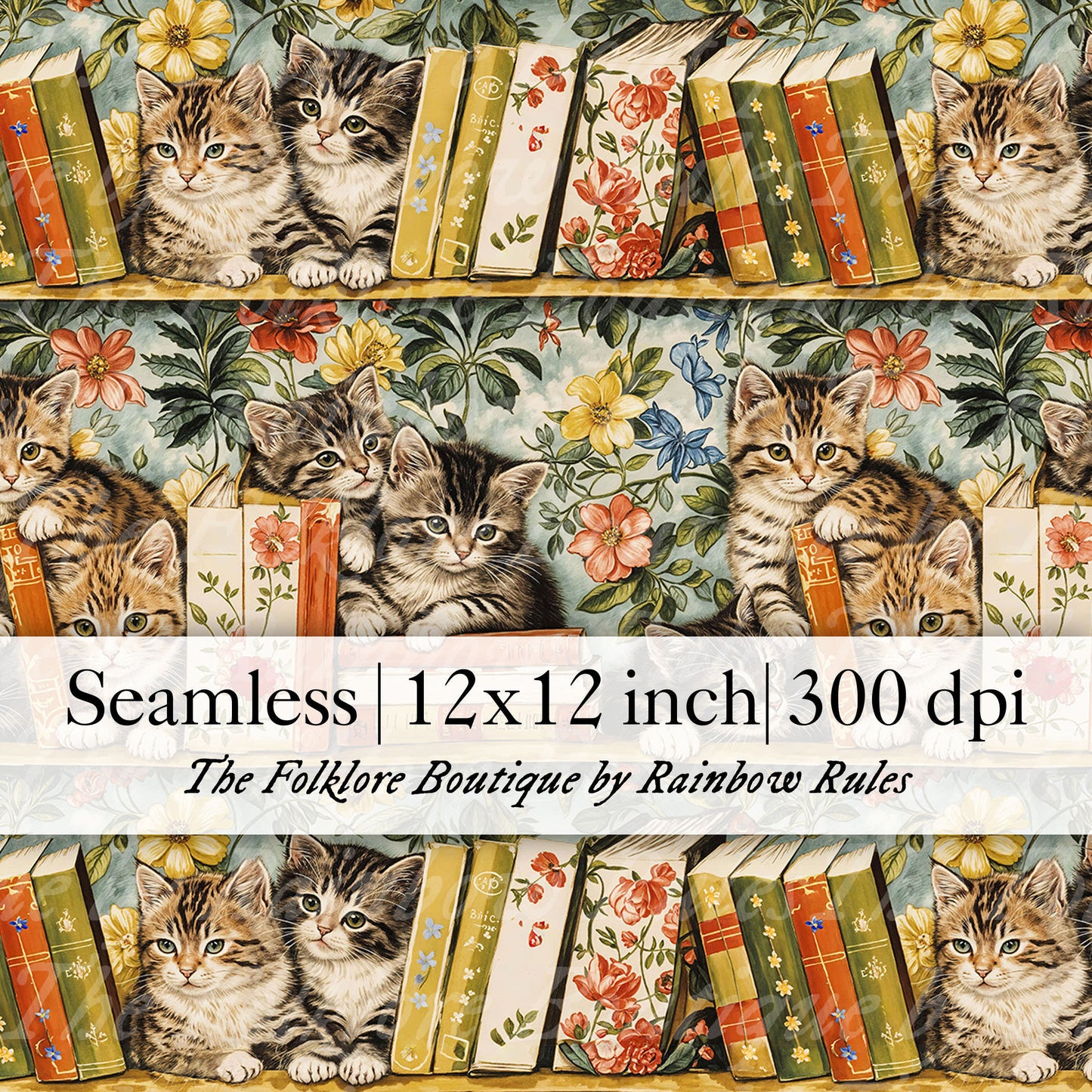 Cats with Floral Books - Digital Seamless Pattern