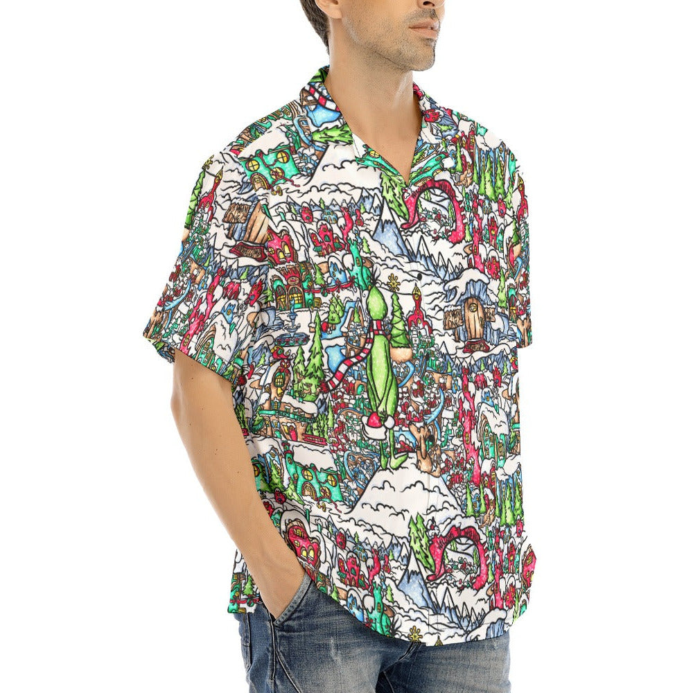 Whimsical Village Winter Wonderland - Men's Hawaiian Button Up Shirt