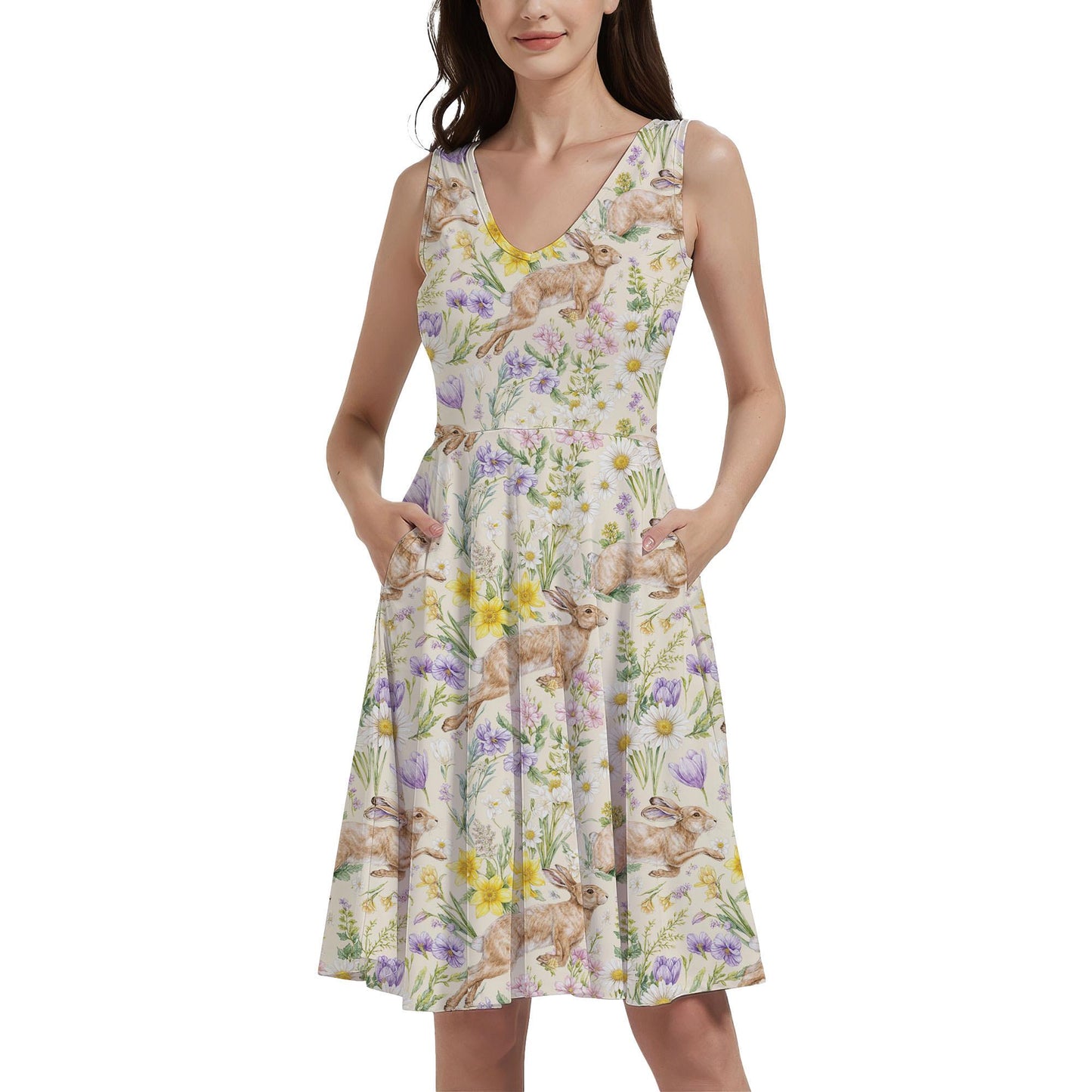 Spring Rabbits and Wildflowers - Digital Seamless Pattern