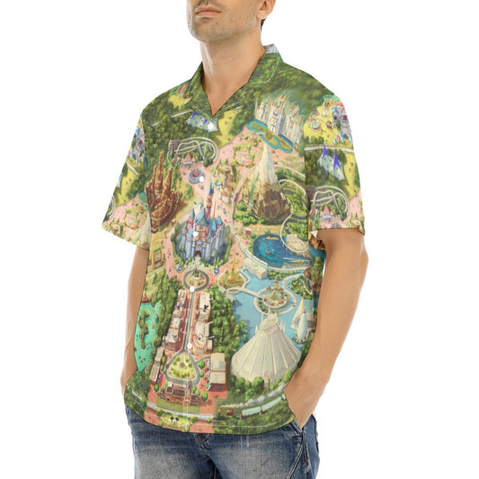 Colorful Theme Park Map - Men's Hawaiian Button Up Shirt