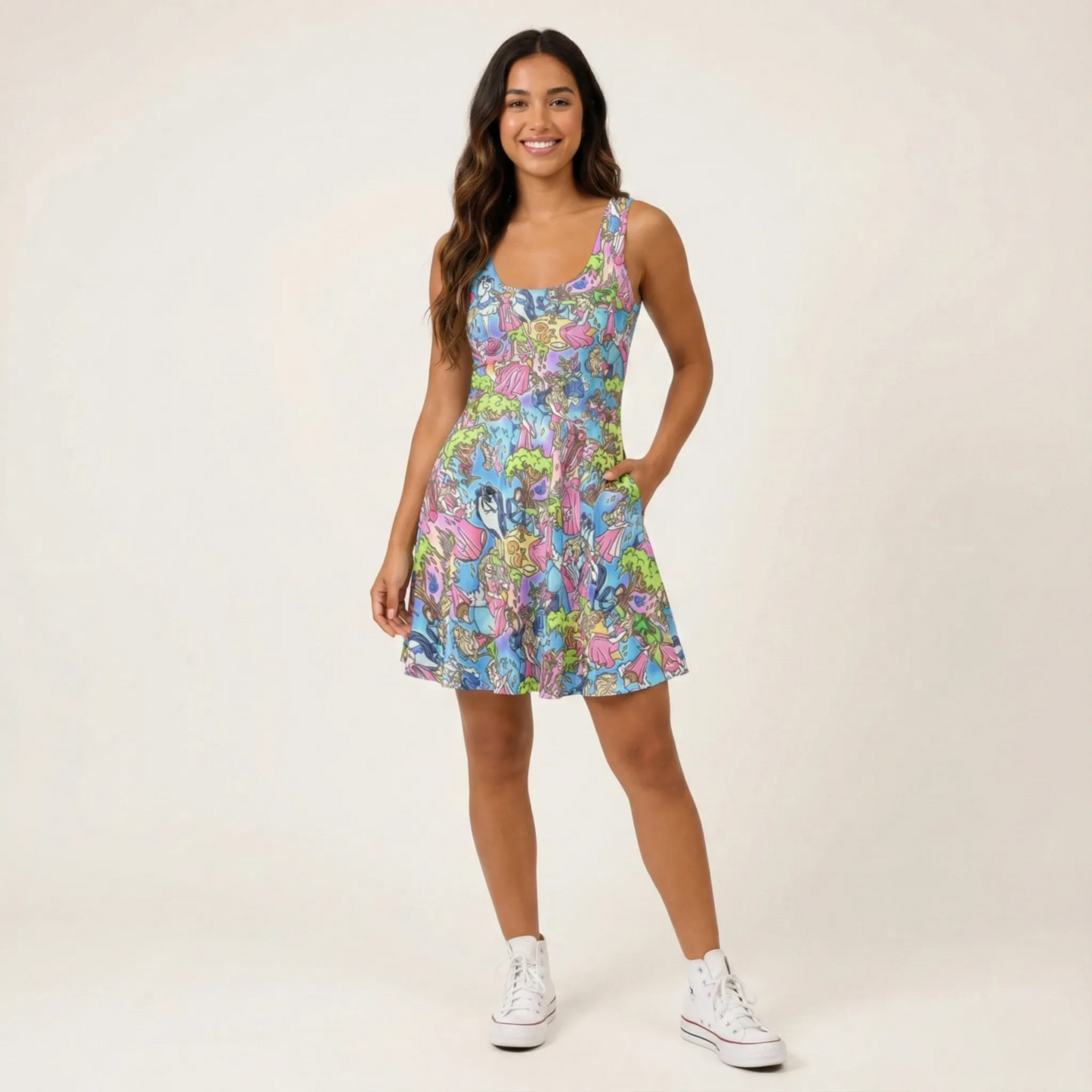 Dreaming Princess Storybook Scenes - Women's Sleeveless Pocket Skater Dress