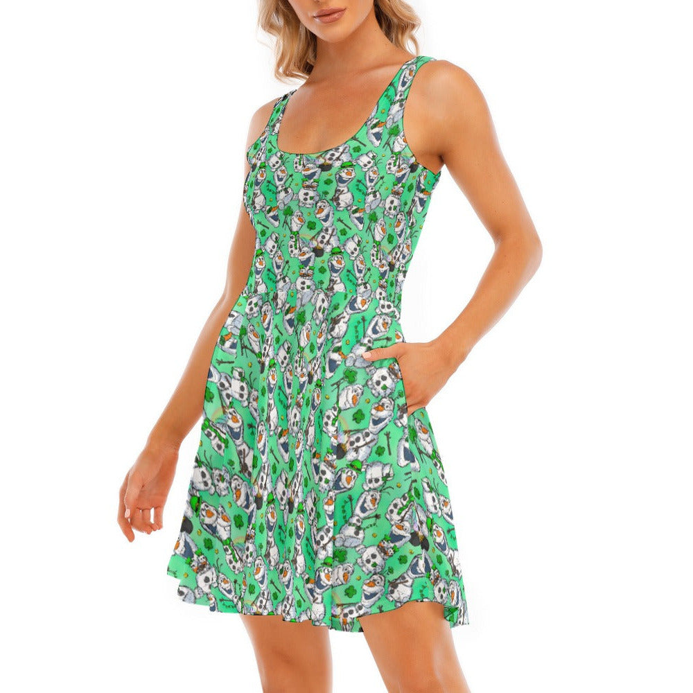 Sketched Snowman St. Patrick’s Day - Women's Sleeveless Pocket Skater Dress