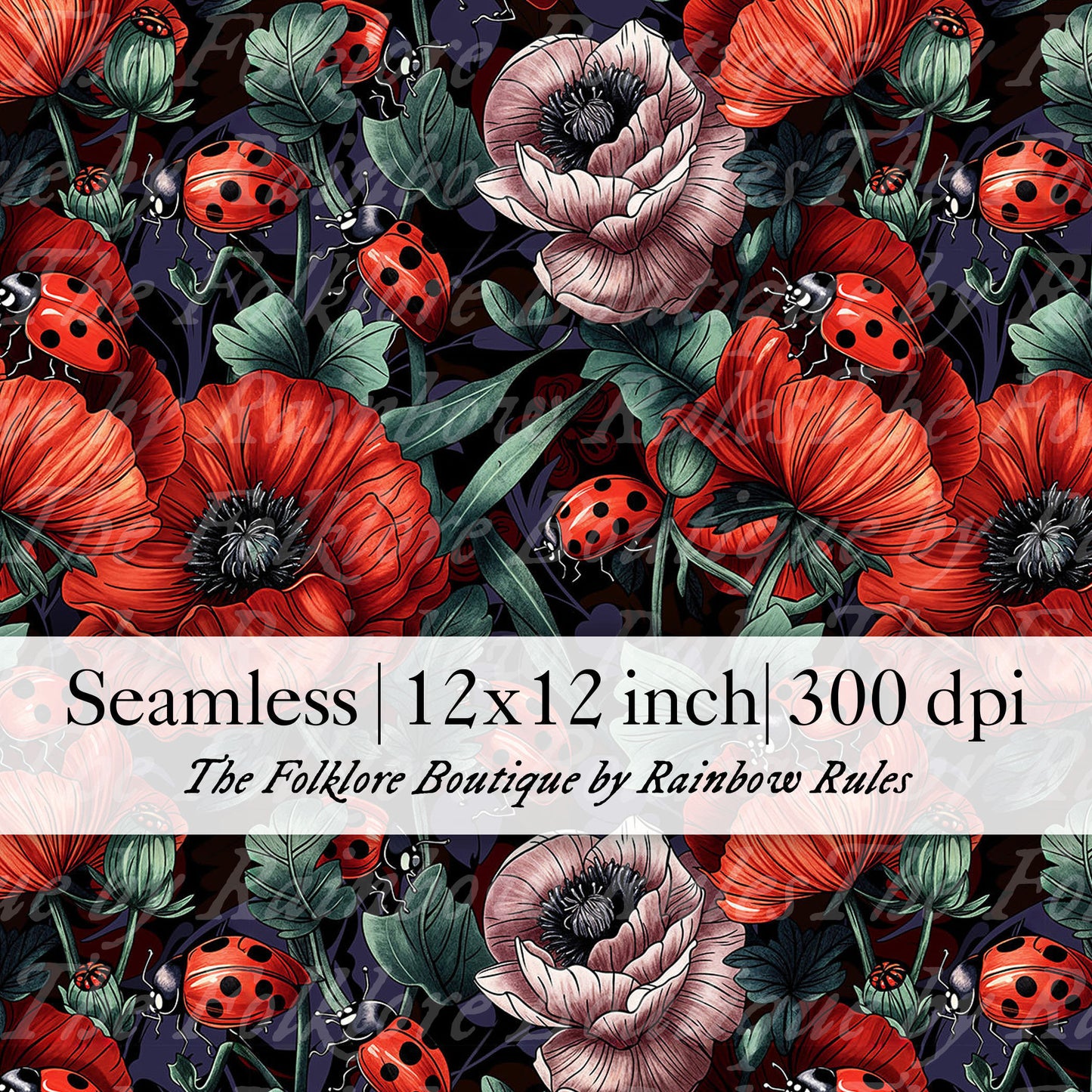 Vintage Dark Floral Poppy Ladybirds - Digital Seamless Pattern