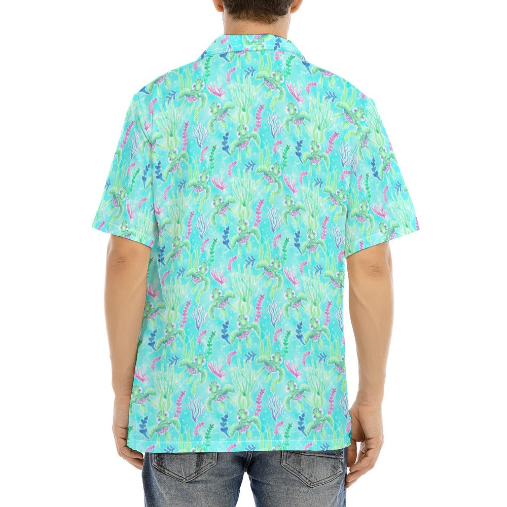 Neon Floral Baby Turtle - Men's Hawaiian Button Up Shirt