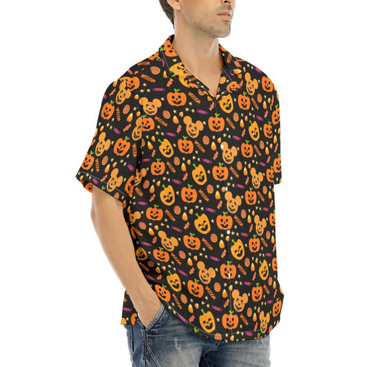 Cheerful Pumpkin Mouse Halloween - Men's Hawaiian Button Up Shirt