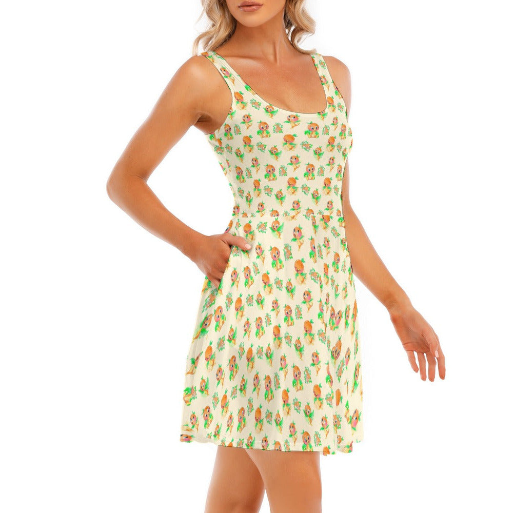 Citrus Charm Bird - Women's Sleeveless Pocket Skater Dress